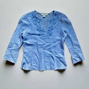 Petite Sophisticate Light Blue Linen Blouse with Beading
